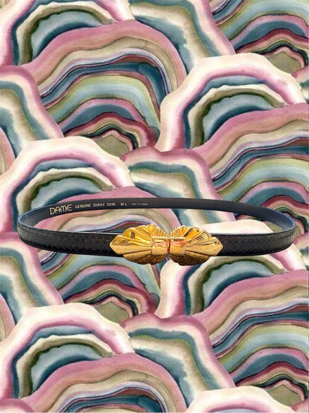 VTG Dame Blue Genuine Snakeskin Leather Gold Bow Buckle Belt Size M/L